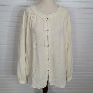 Free People Ivory Cotton Button Down Boho Frayed Long Sleeve Top Large